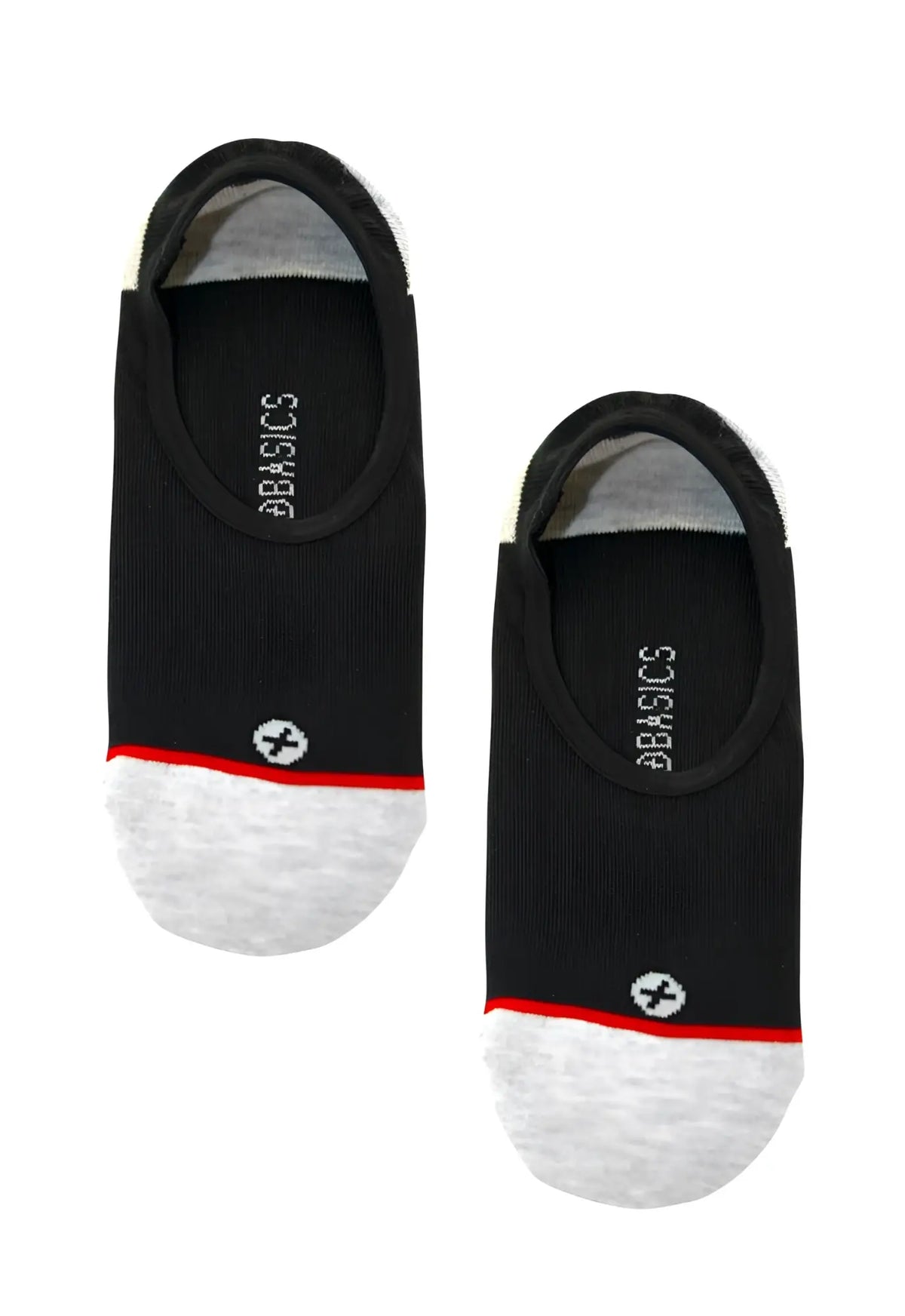 Malebasics no-show socks in black and gray with a red toe stripe and small white logo on the footbed