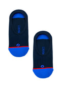 Malebasics no-show sock navy with black fabric vibrant blue toe and heel accents thin red sole stripe branded stumble