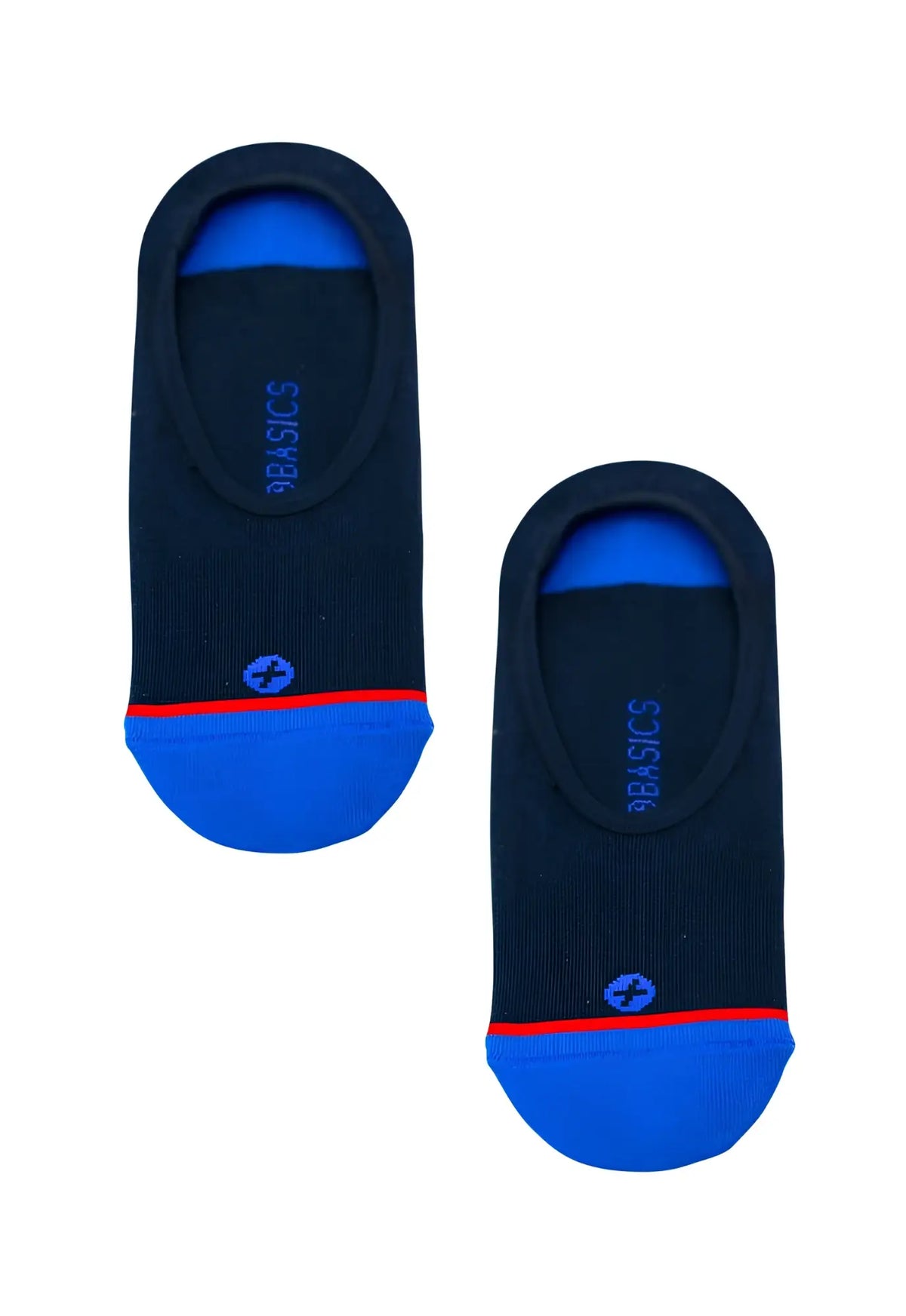 Malebasics no-show sock navy with black fabric vibrant blue toe and heel accents thin red sole stripe branded stumble