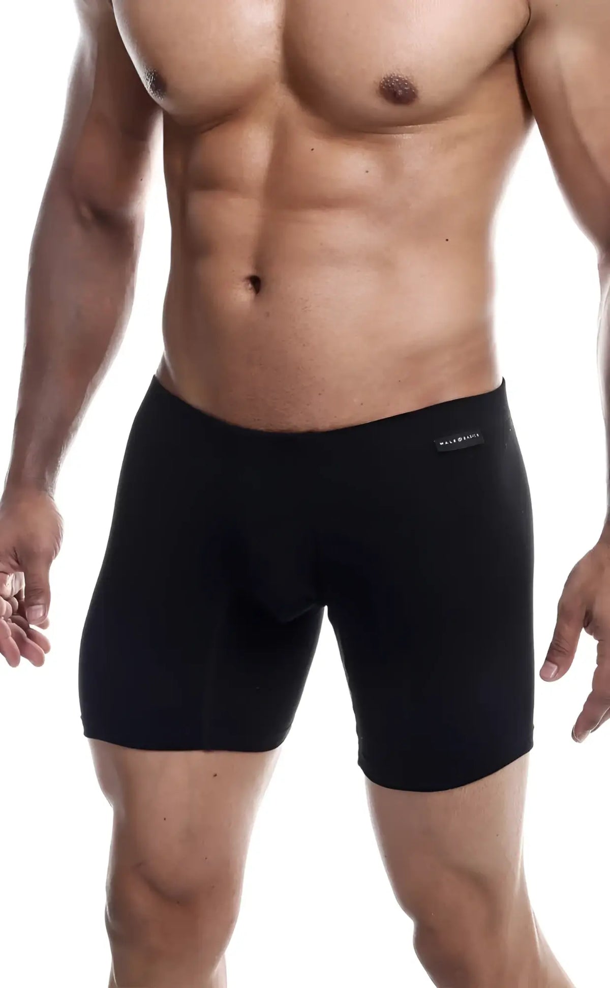 Black malebasics silver boxer briefs with smooth form fitting fabric and subtle brand tag on the waistband