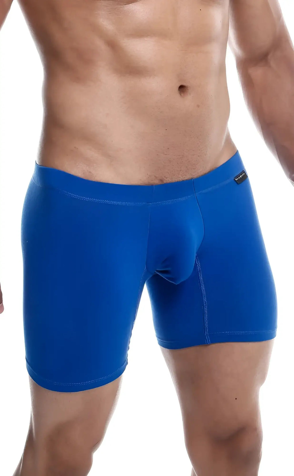Bright blue form-fitting menâ€™s boxer briefs with smooth stretchy fabric and contoured design from malebasics silver pack