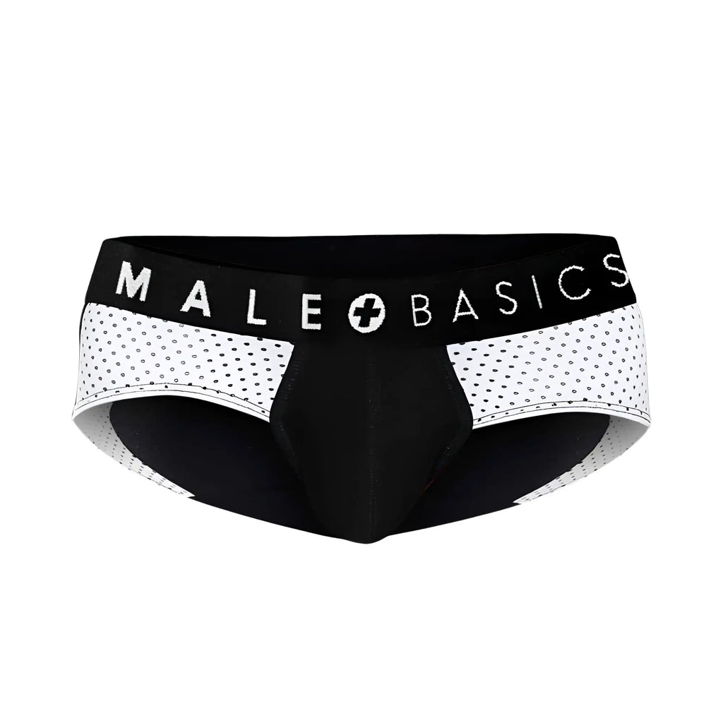 Black and white mesh-patterned menâ€™s brief underwear with male basics branded waistband visible in front view