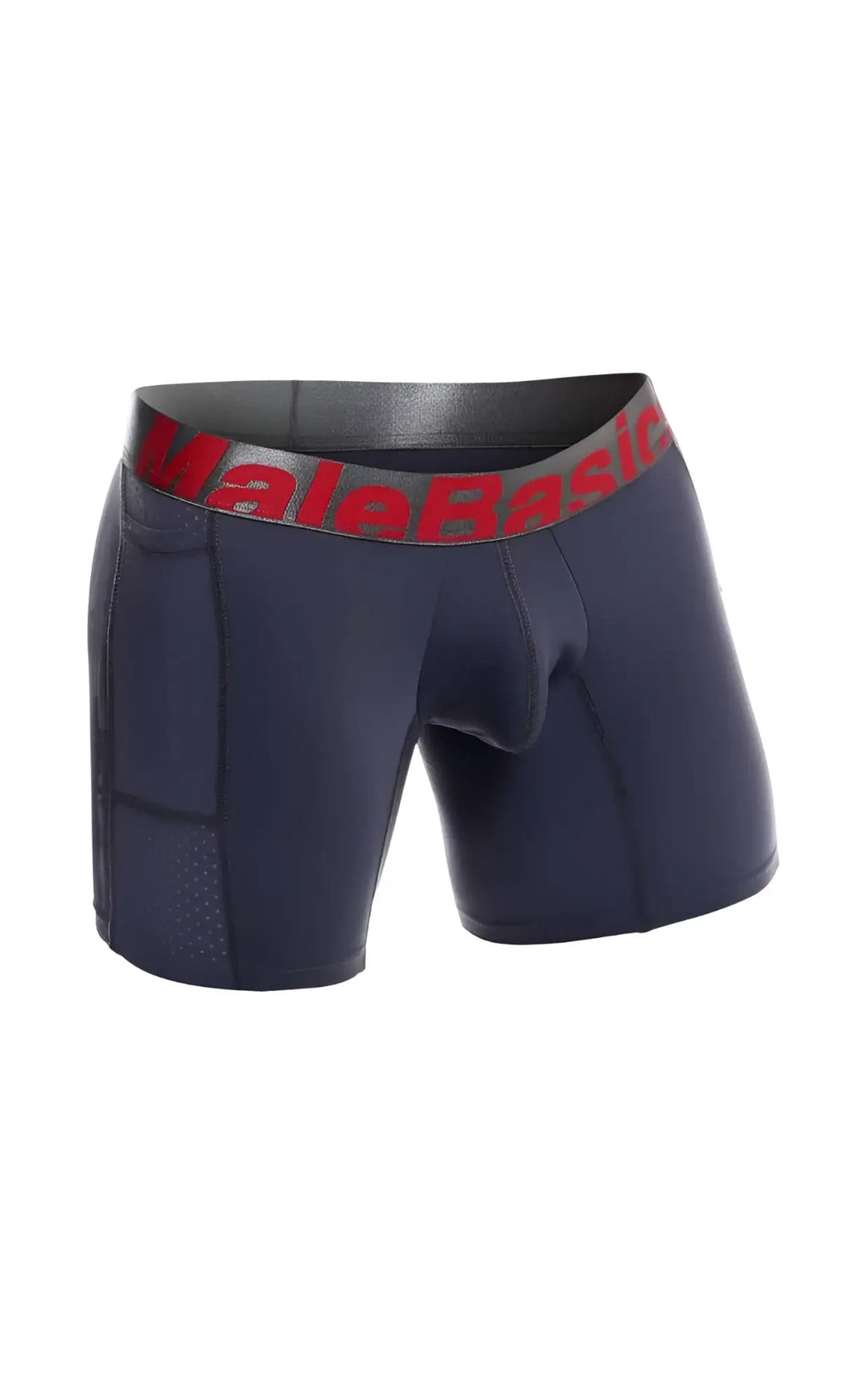 Dark navy blue malebasics titanium pocket boxer briefs with red logo band and reinforced panels for durable comfort
