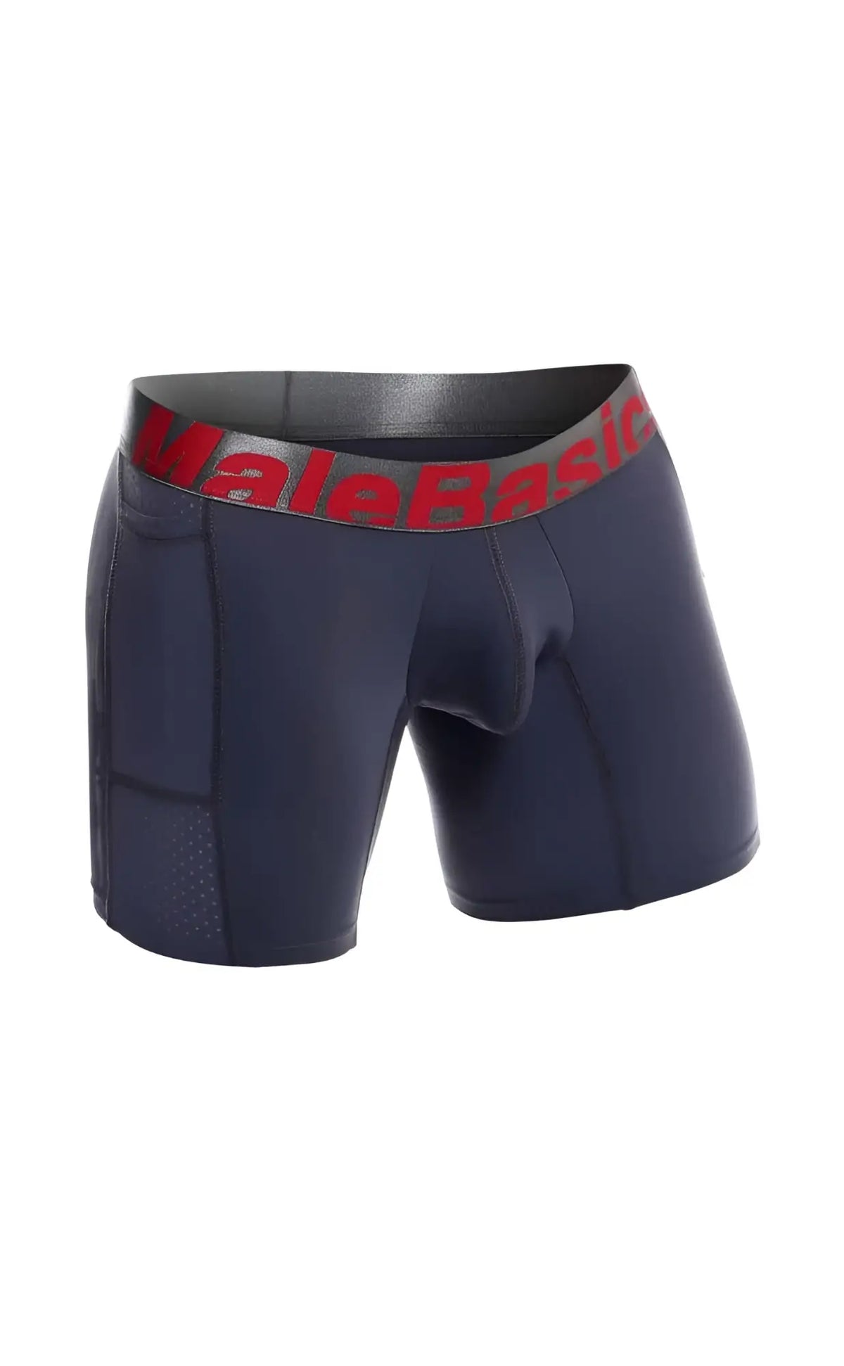 Dark navy blue malebasics titanium pocket boxer briefs with red logo band and reinforced panels for durable comfort
