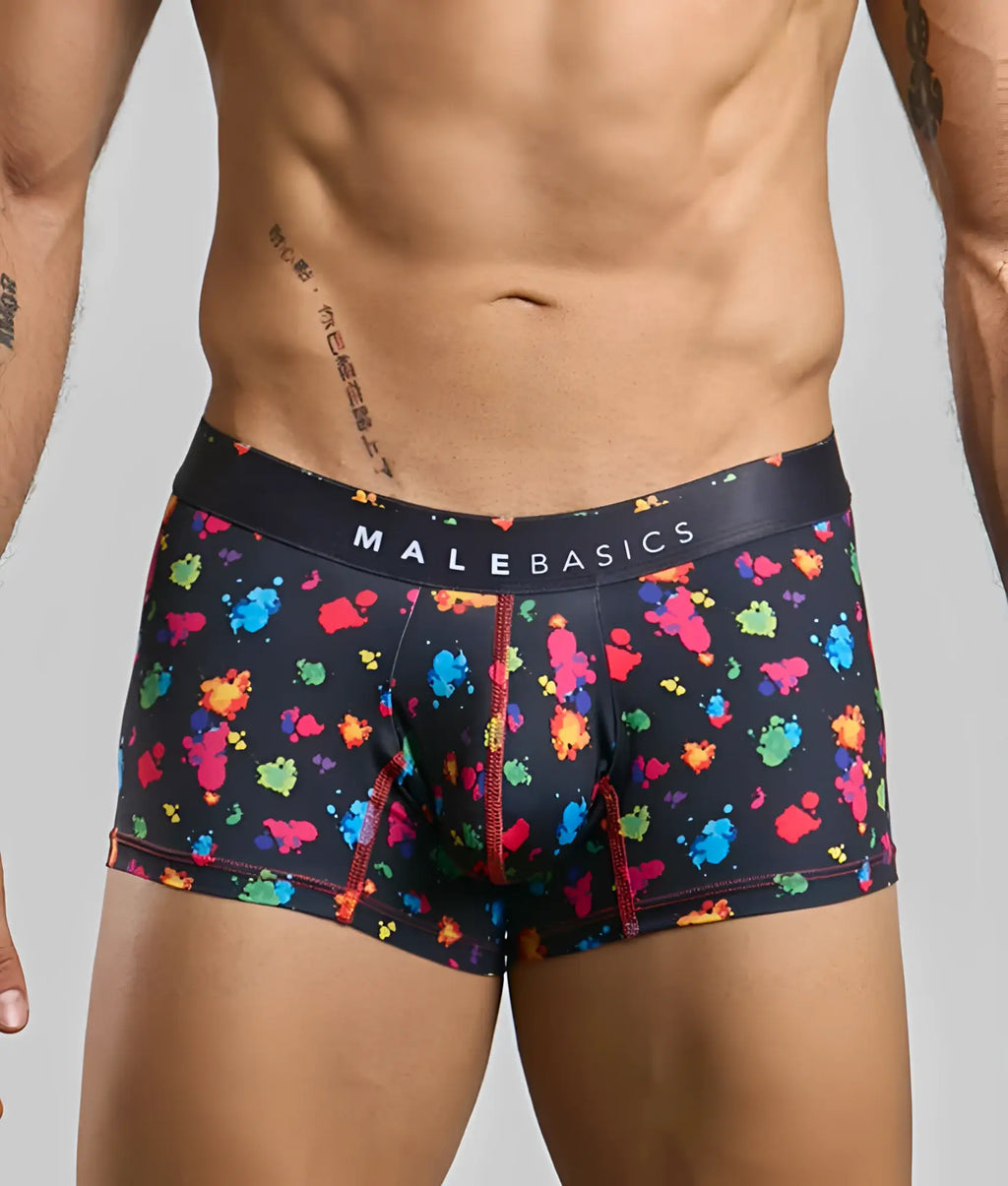 Malebasics trunk hipster black splash boxer briefs with vibrant multicolored paint splatter and red stitching