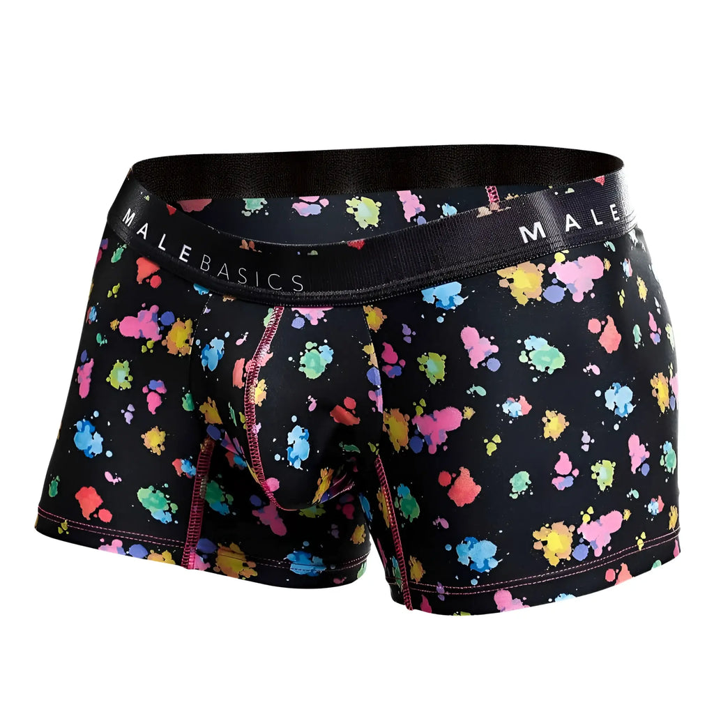 Malebasics trunk hipster black splash boxer briefs with vibrant multicolored paint splatter and pink stitched seams