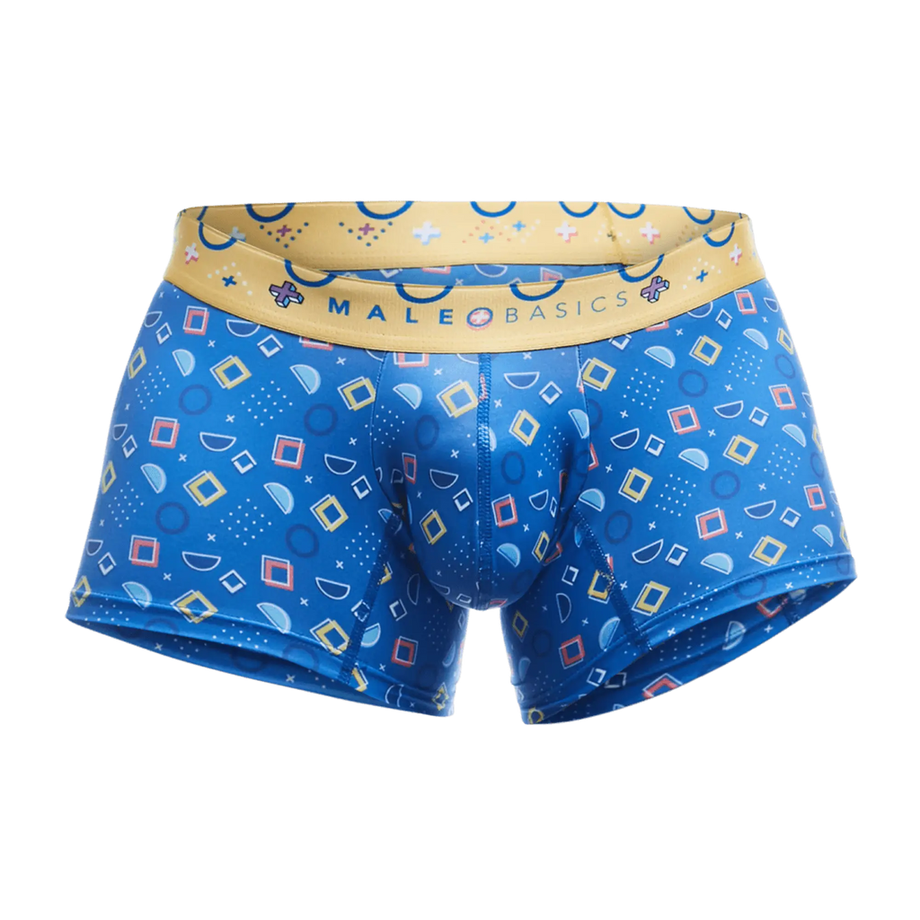 Male basics trunk hipster spectrum blue patterned menâ€™s boxer briefs with yellow waistband and geometric designs