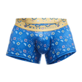MaleBasics trunk hipster spectrum blue patterned boxer briefs with yellow waistband and geometric pink white designs