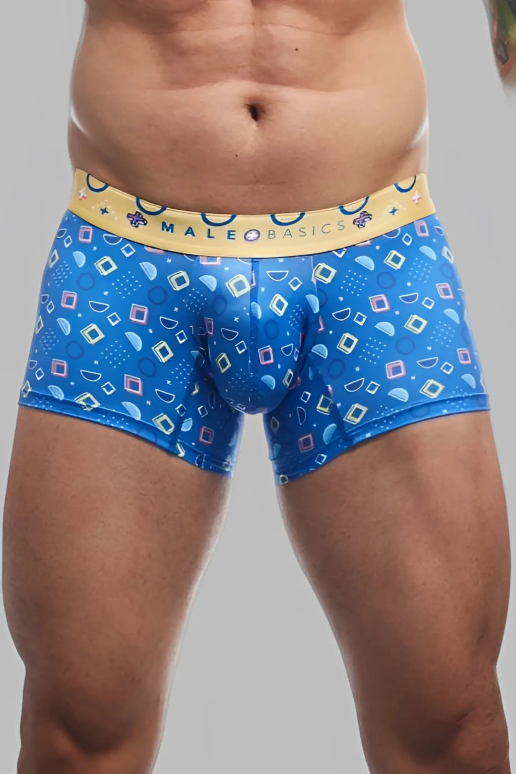 Malebasics trunk hipster spectrum blue patterned menâ€™s boxer briefs with yellow waistband for everyday comfort