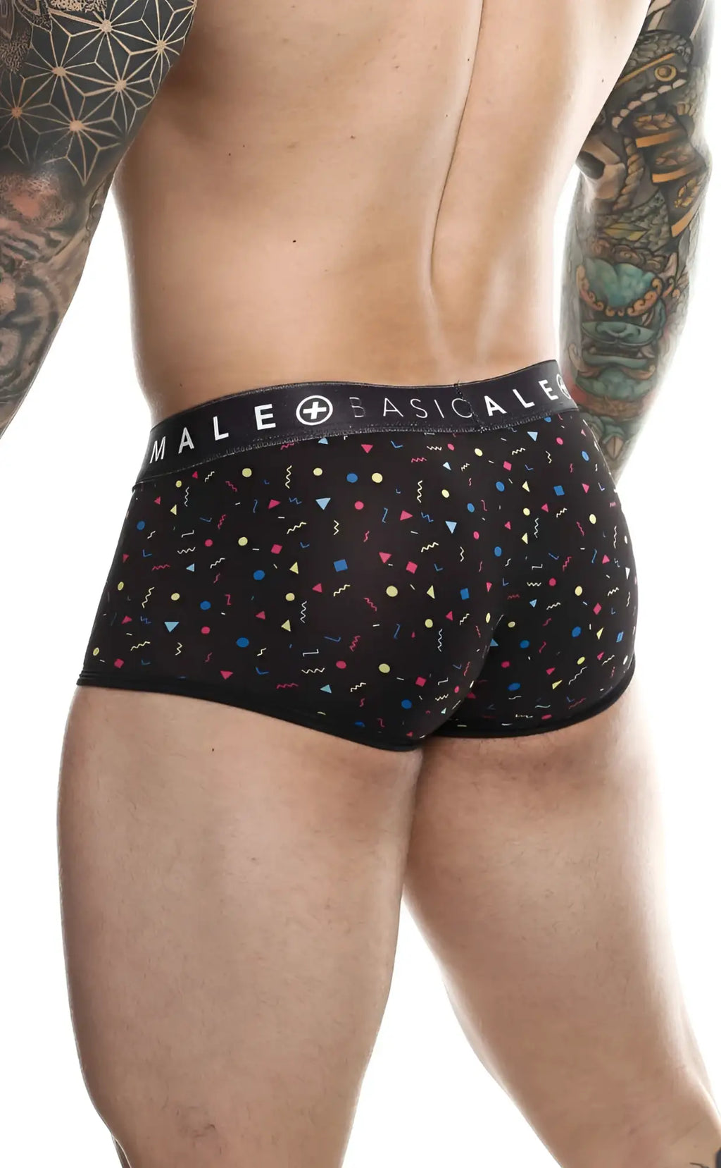 Black menâ€™s briefs with multicolored confetti pattern and male basicale waistband in malebasics trunk sexy pouch style