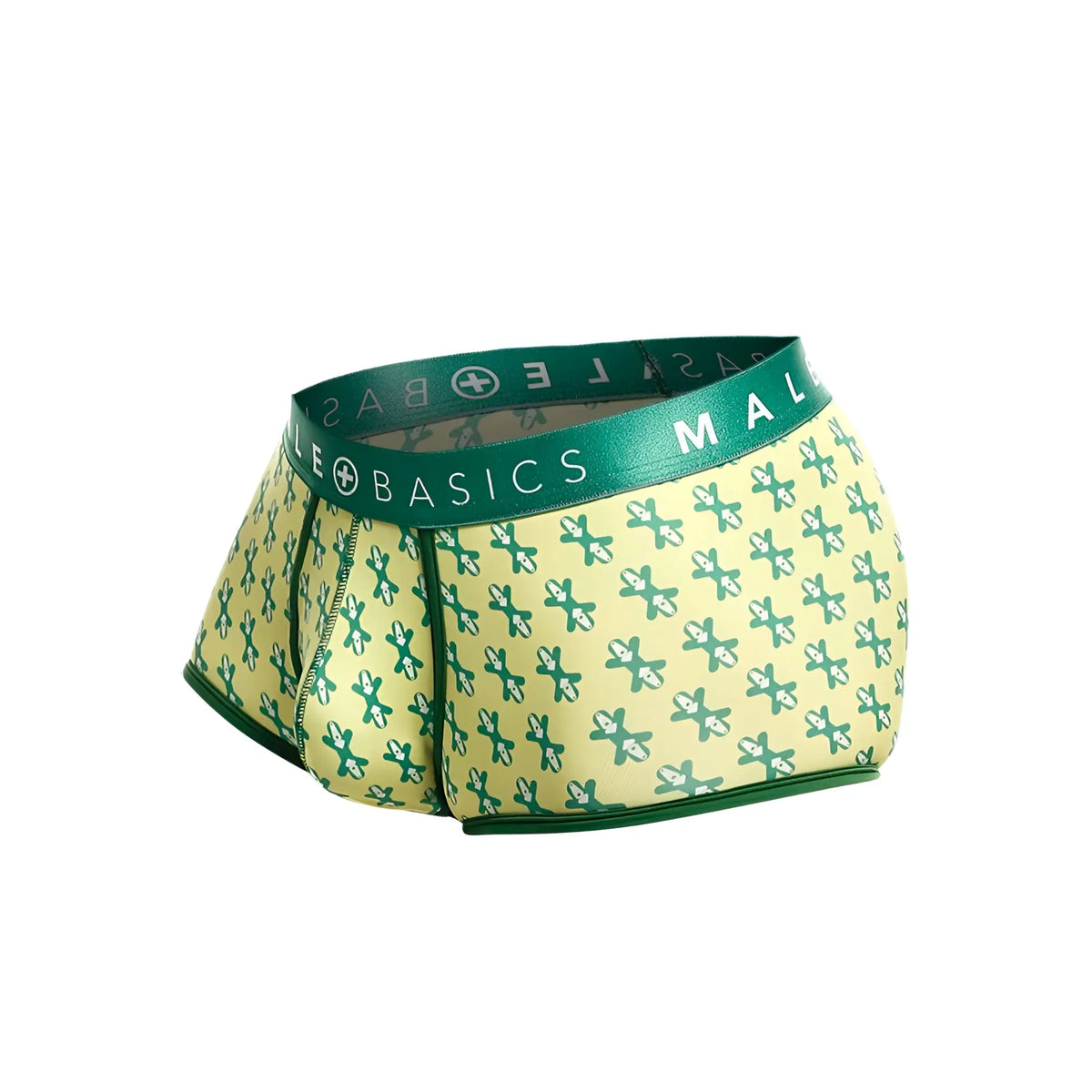 Malebasics trunk sexy pouch green and pale yellow patterned menâ€™s boxer briefs with branded elastic waistband
