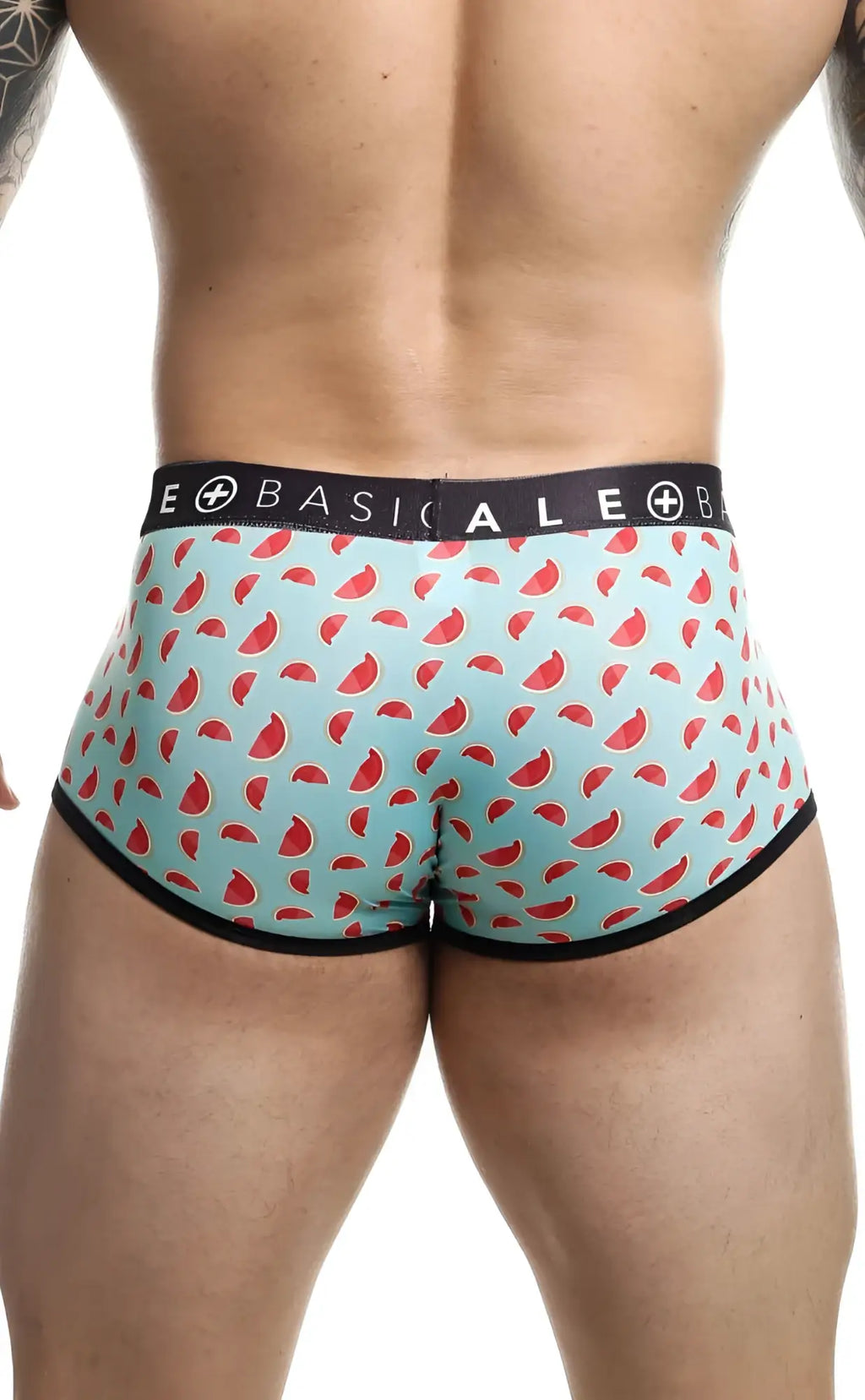 Malebasics trunk sexy pouch light blue menâ€™s briefs with playful watermelon pattern red accents and black trim waistband