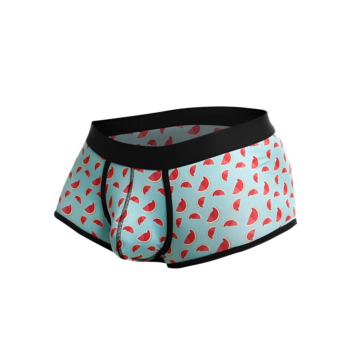 Malebasics trunk sexy pouch light blue menâ€™s briefs with playful watermelon pattern and black elastic waistband and trim