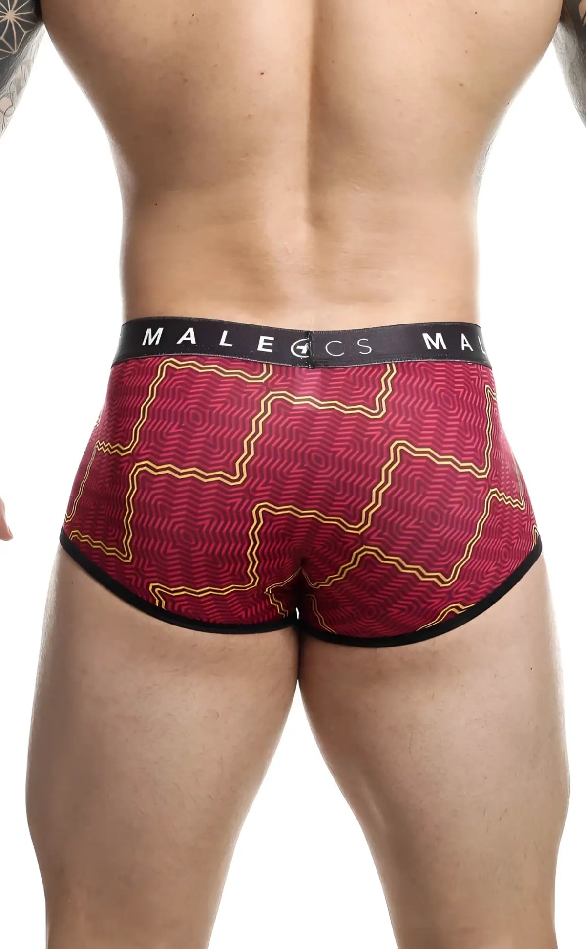 Malebasics trunk sexy pouch red and gold patterned menâ€™s briefs with black trim and malecs waistband