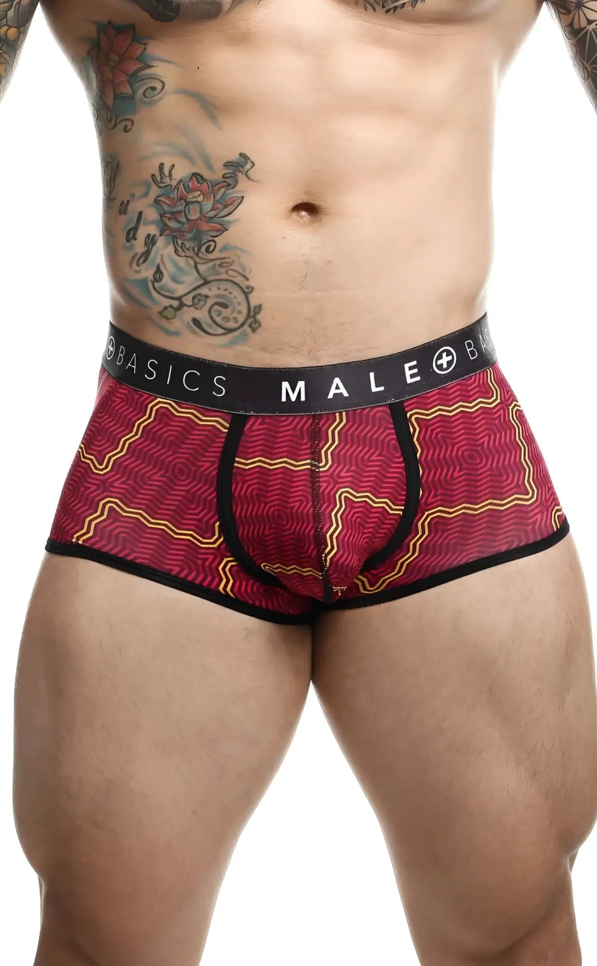 Malebasics trunk sexy pouch red and gold patterned menâ€™s briefs with black trim and branded waistband