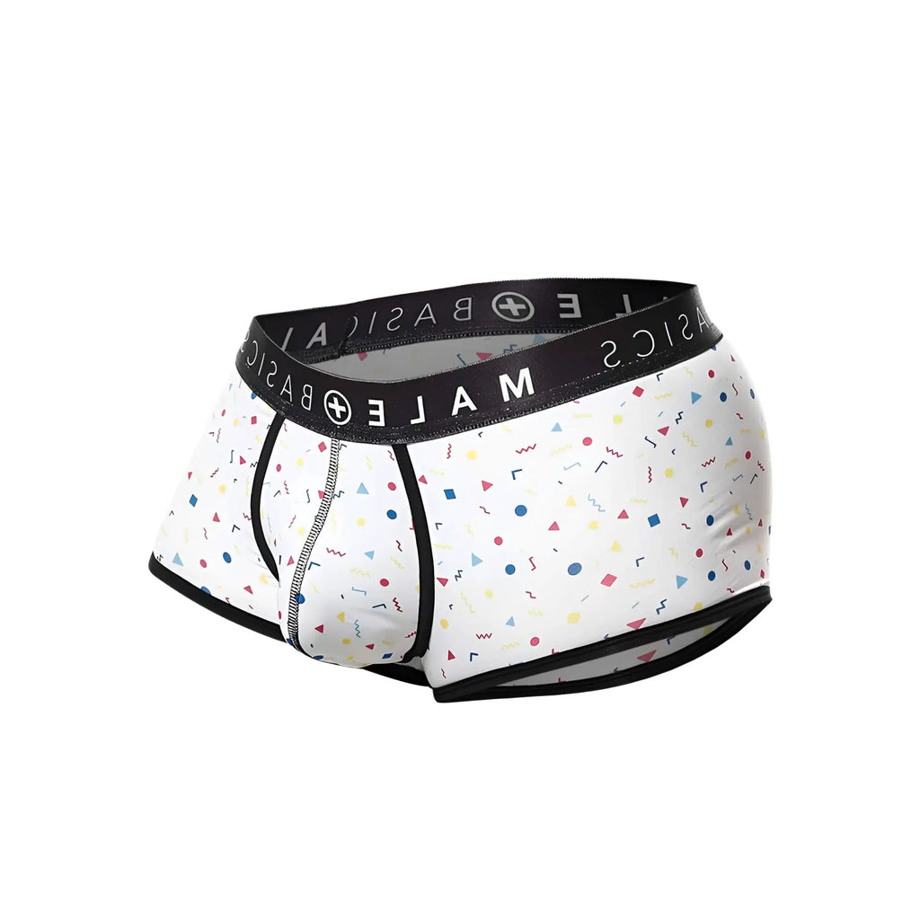 White malebasics trunk sexy pouch boxer briefs with colorful geometric shapes and black waistband trim
