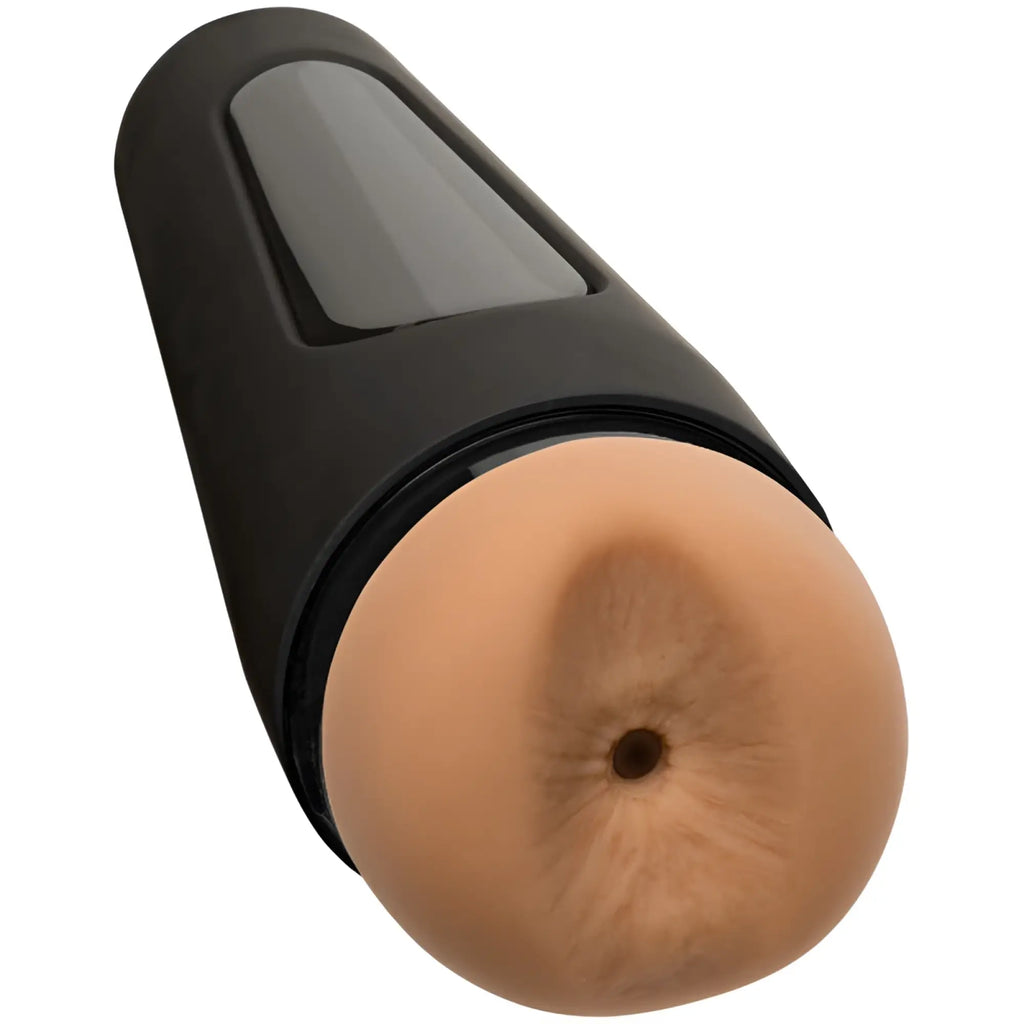 Black cylindrical man squeeze bear ultraskyn stroker ass with flesh-toned head and transparent side window in vanilla color
