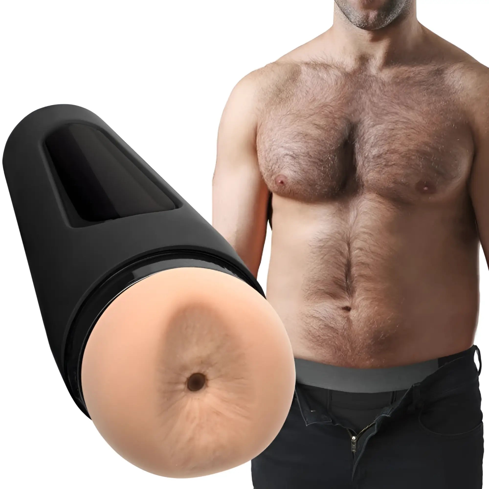 Black silicone covered man squeeze bear ultraskyn stroker with realistic flesh toned head and textured surface