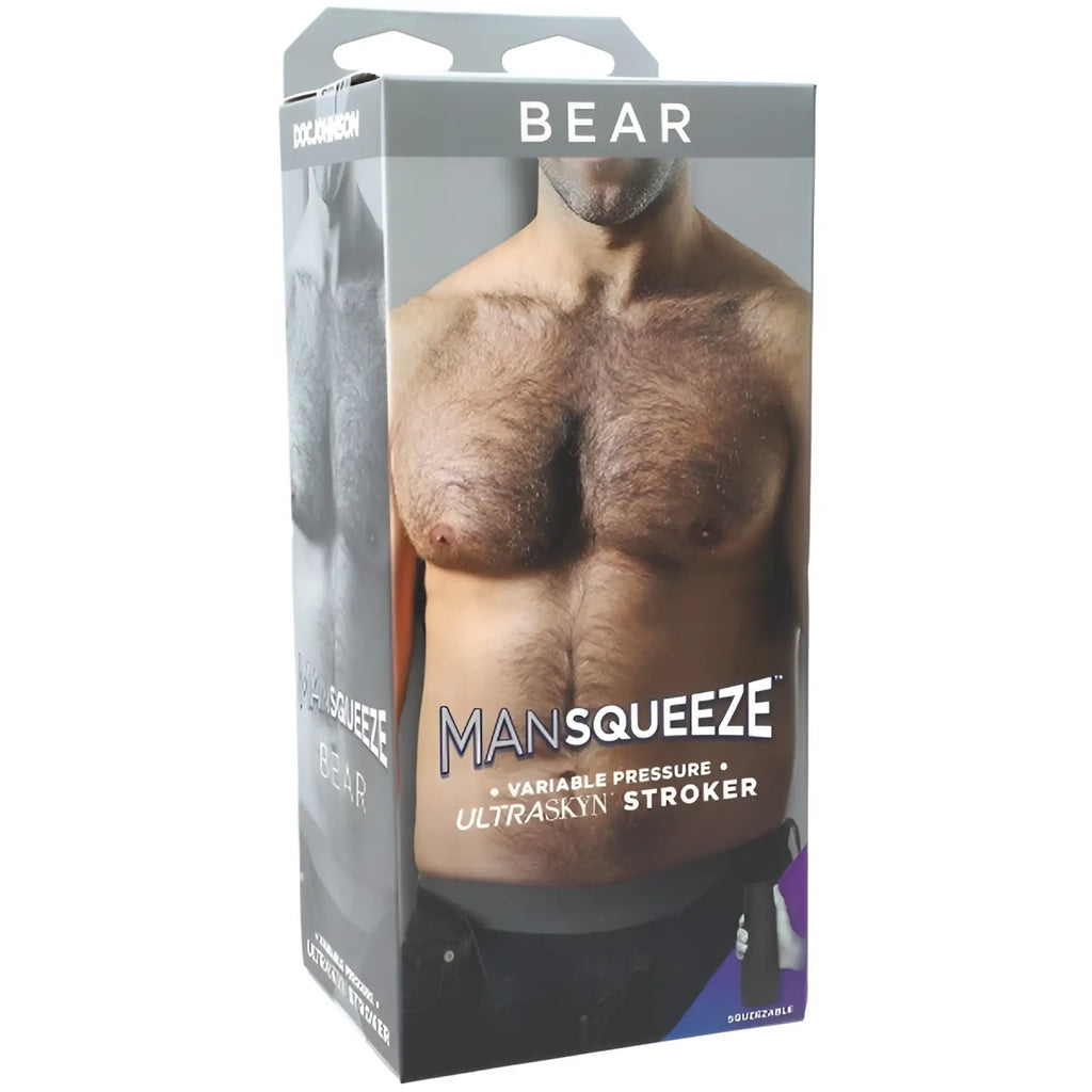 Doc Johnson Man Squeeze Bear UltraSkyn stroker in gray and black packaging with variable pressure and vanilla scent
