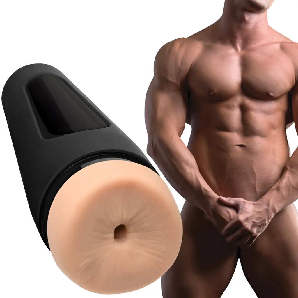 Black and beige silicone anal plug with smooth rounded head and textured grip from man squeeze stud ultraskyn stroker ass vanilla