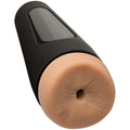Black silicone man squeeze stud ultraskyn stroker with tan textured head and clear side window for realistic use