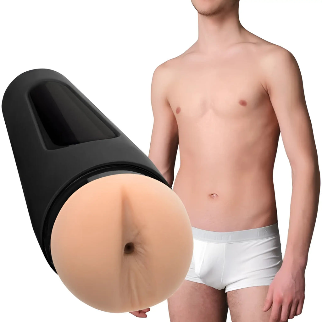 Black silicone anal plug with flesh-toned textured head and integrated black base from man squeeze twink ultraskyn stroker ass vanilla