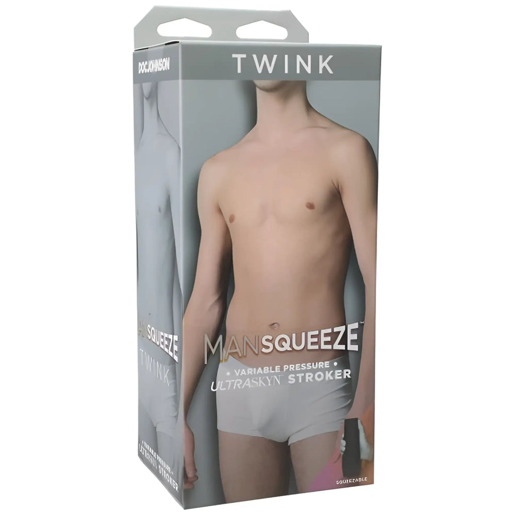 Doc johnson man squeeze twink ultraskyn stroker in white featuring variable pressure ass design in vanilla color