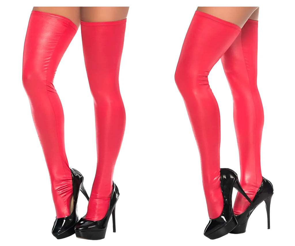 Bright red shiny latex mapale 1017 thigh high stockings worn with black platform heels