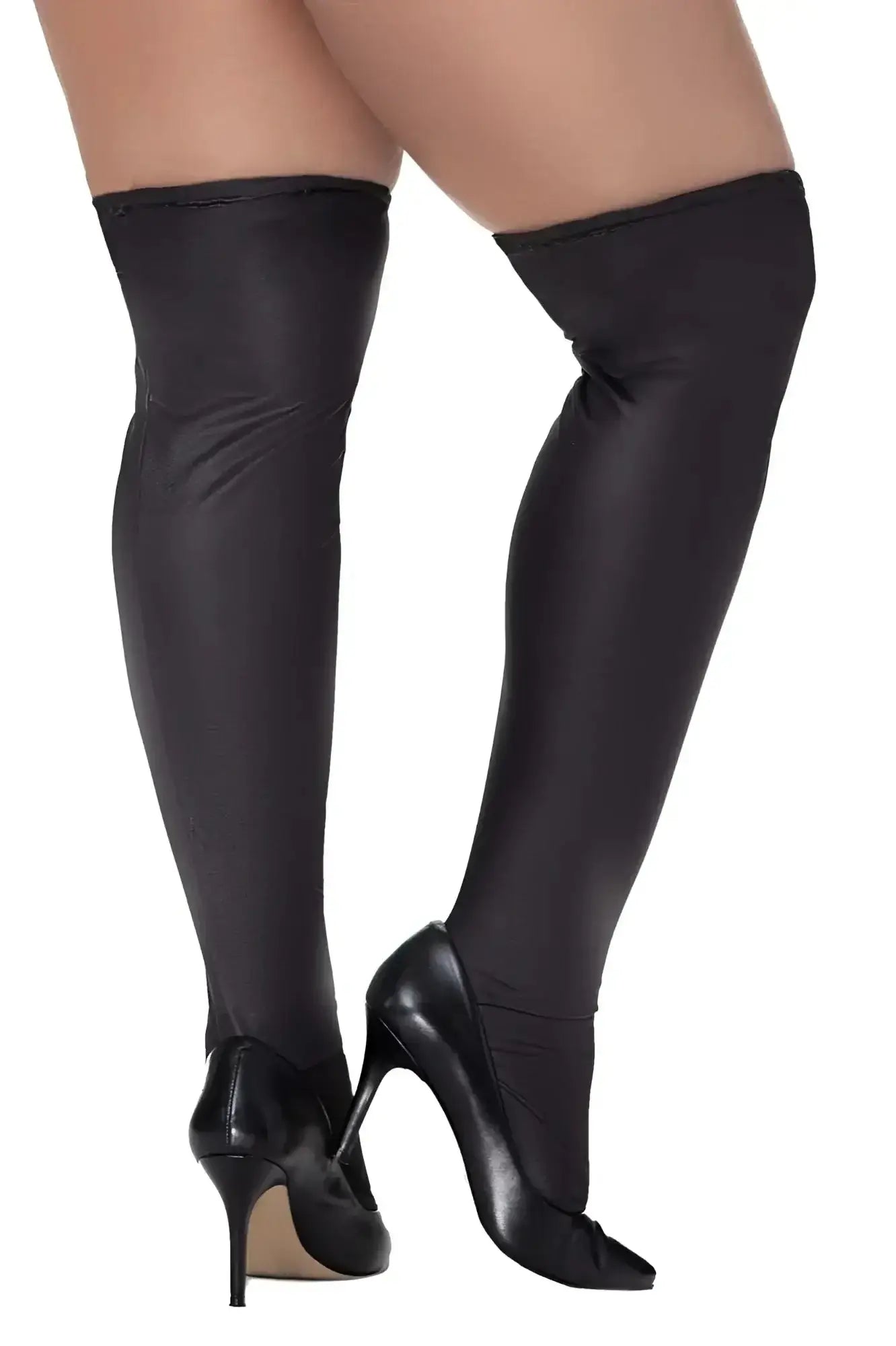 Black over-the-knee thigh-high stockings with a smooth glossy finish from Mapale 1017X in metallic black color