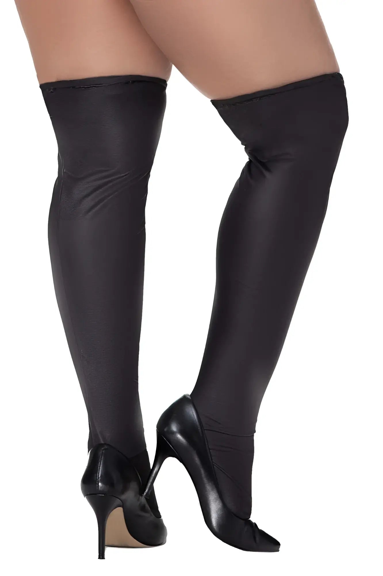 Black over-the-knee thigh-high stockings with a smooth glossy metallic finish by mapale 1017x color metallic black