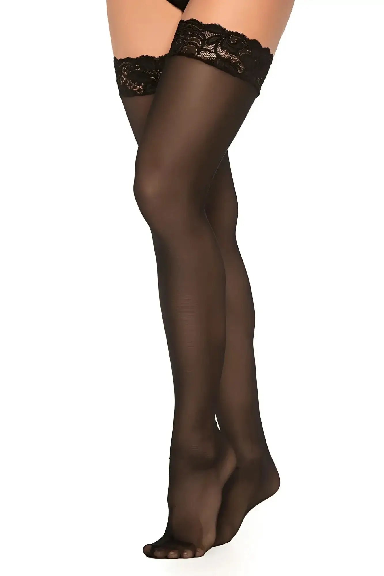Black lace-edged thigh high stockings with sheer smooth mesh texture by mapale in black color
