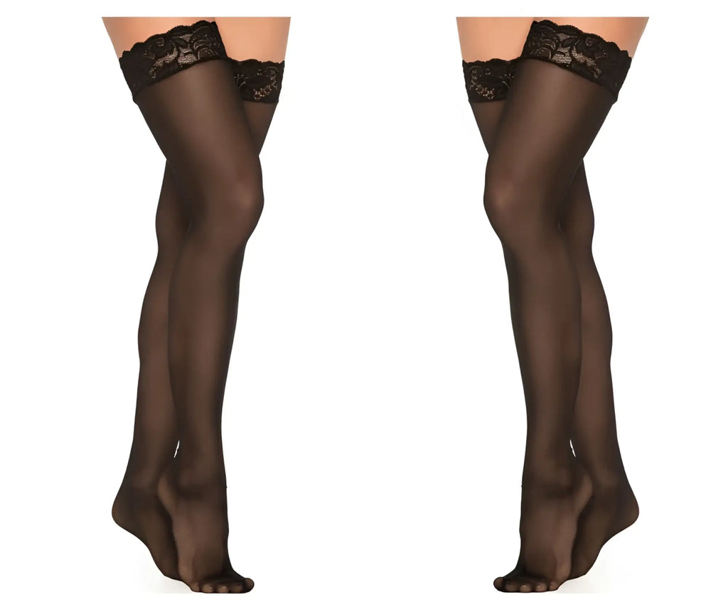 Black lace mesh thigh highs by Mapale in black with sheer smooth texture and floral embroidery at the top edge