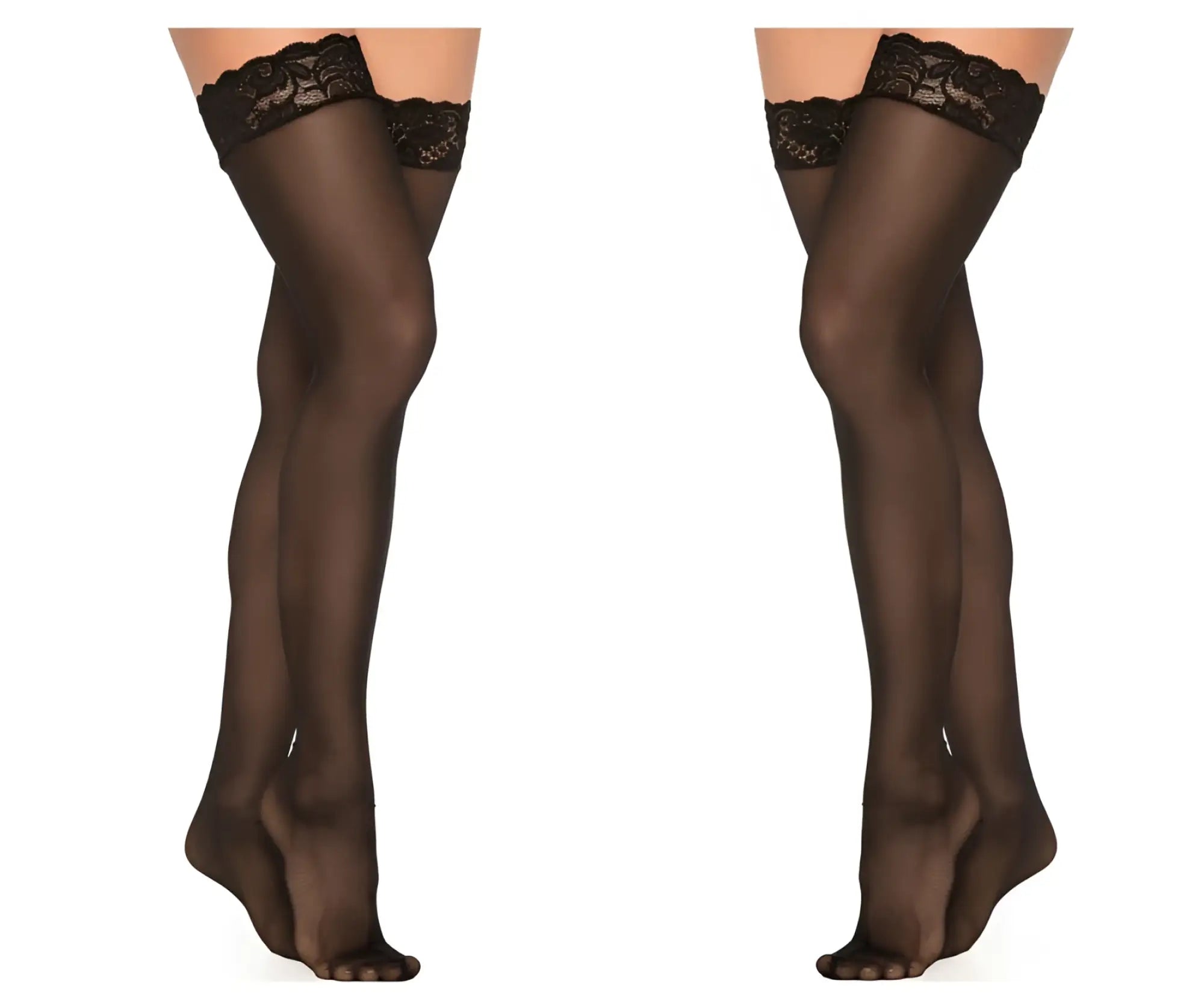 Black lace mesh thigh highs by Mapale in black with sheer smooth texture and floral embroidery at the top edge