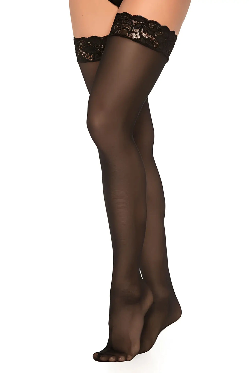 Black lace-trimmed mesh thigh high stockings by mapale in black showing elegant detail and sheer material