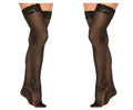 Black lace mesh thigh highs by Mapale in black with sheer smooth texture and floral embroidery at the top edge