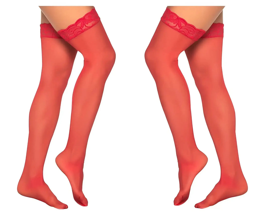 Red sheer mesh thigh high stockings with decorative lace trim at top from mapale 1094 in red color