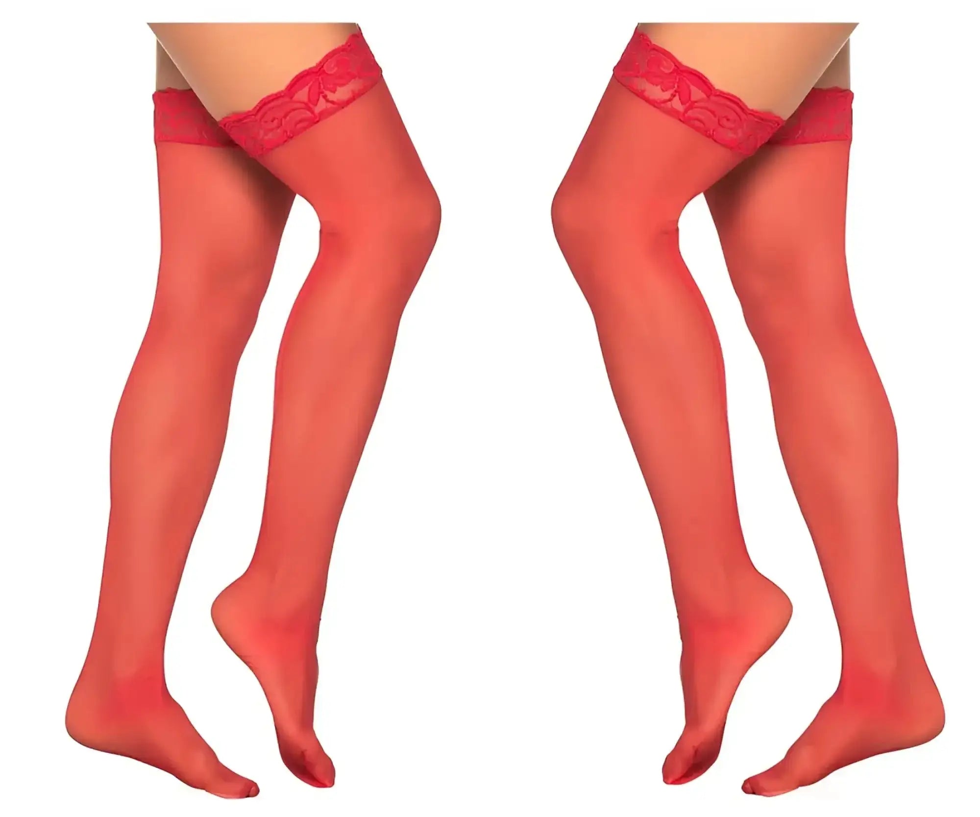 Red sheer mesh thigh high stockings with decorative lace trim at top from mapale 1094 in red color