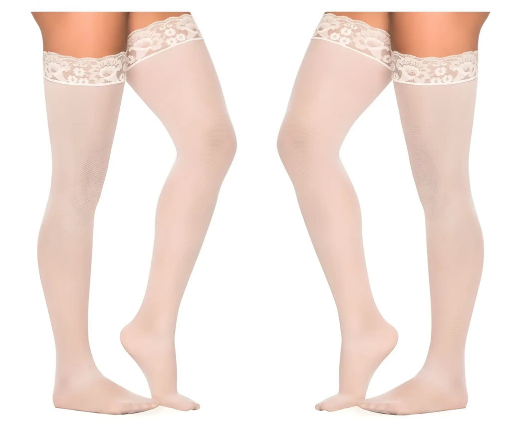 Beige mesh thigh-high stockings with lace edges from Mapale 1094 in white for elegant lingerie wear