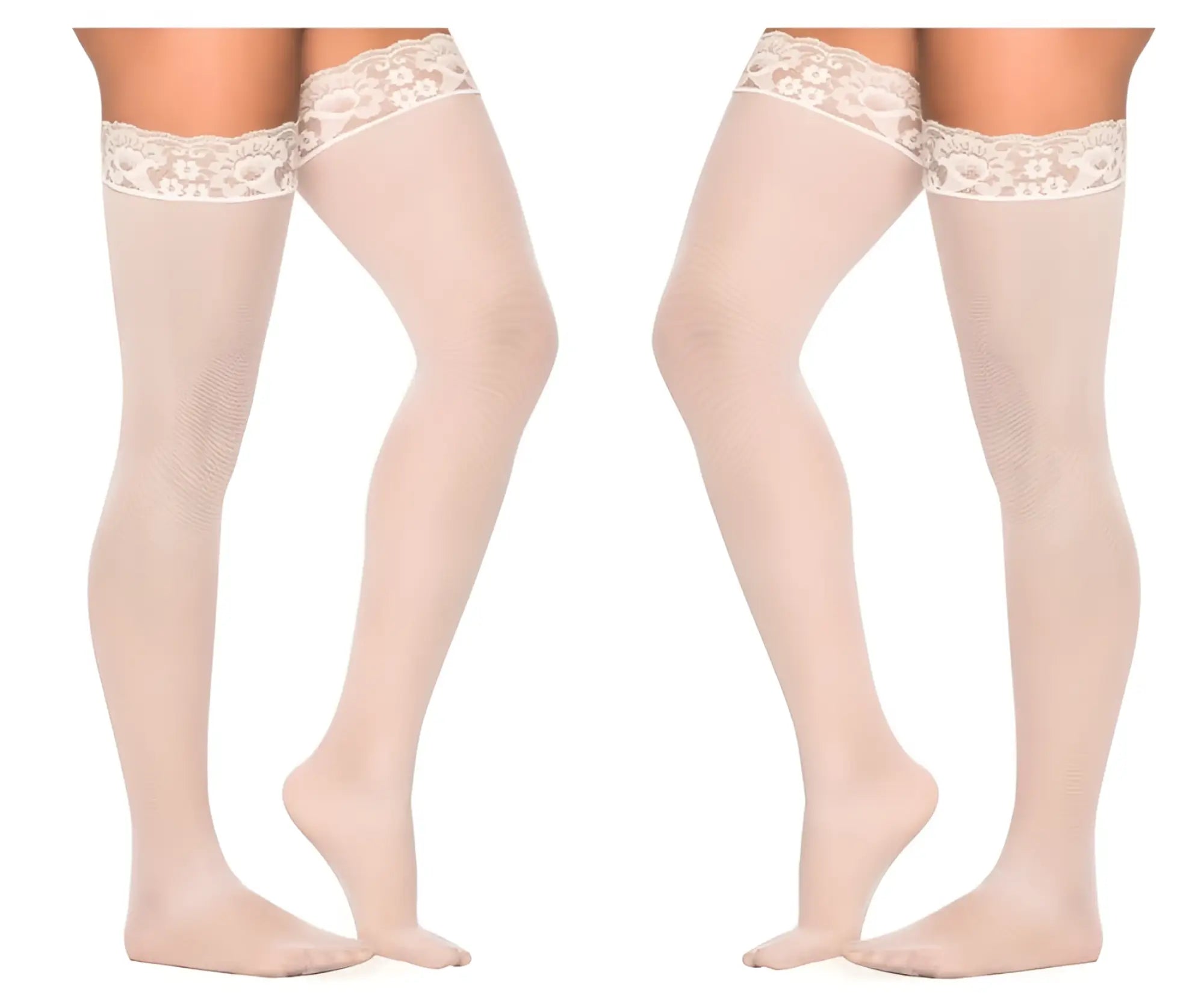 Beige mesh thigh-high stockings with lace edges from Mapale 1094 in white for elegant lingerie wear