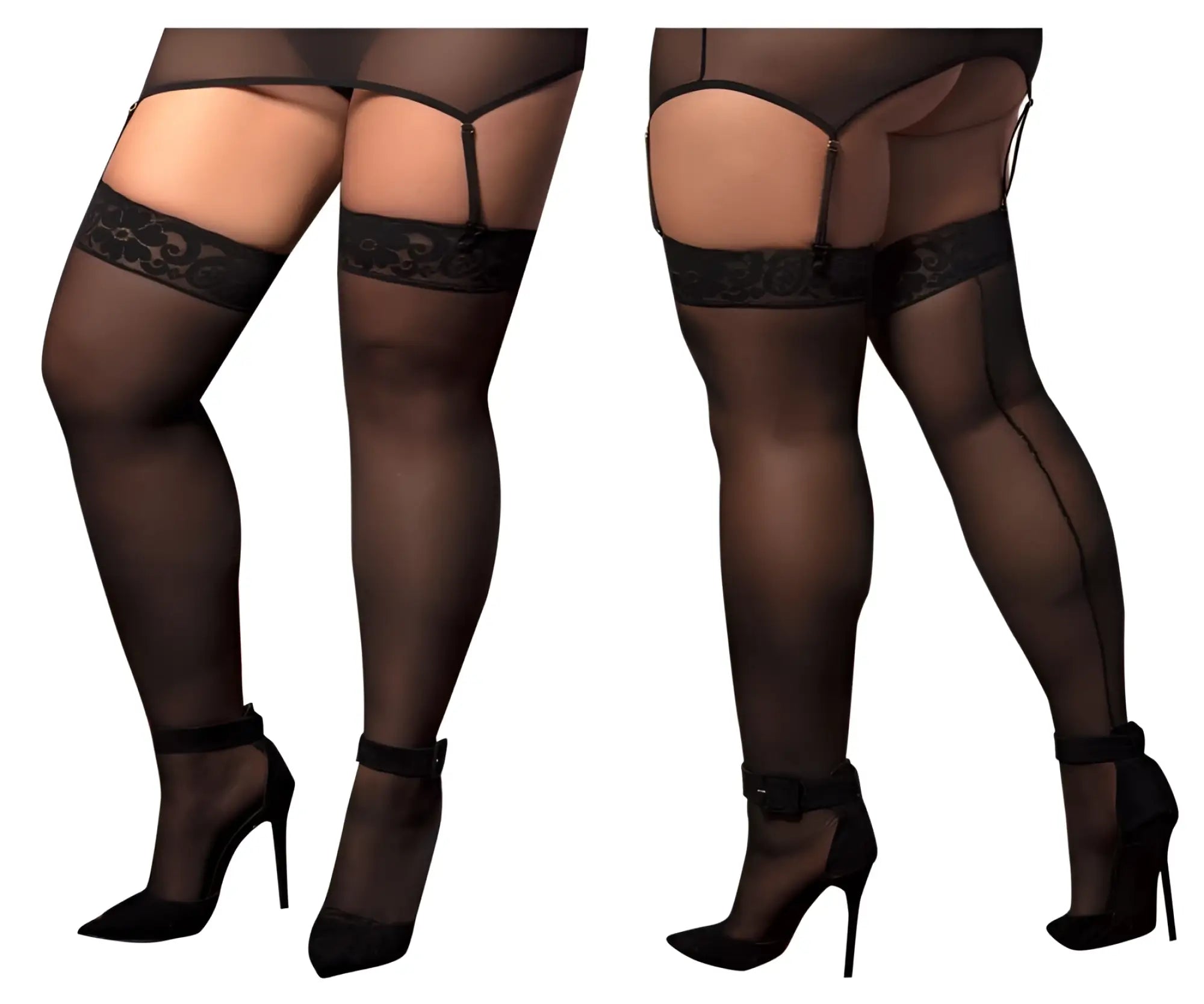 Mapale 1094X black sheer mesh thigh highs with lace trim and adjustable garter straps for a stylish fit