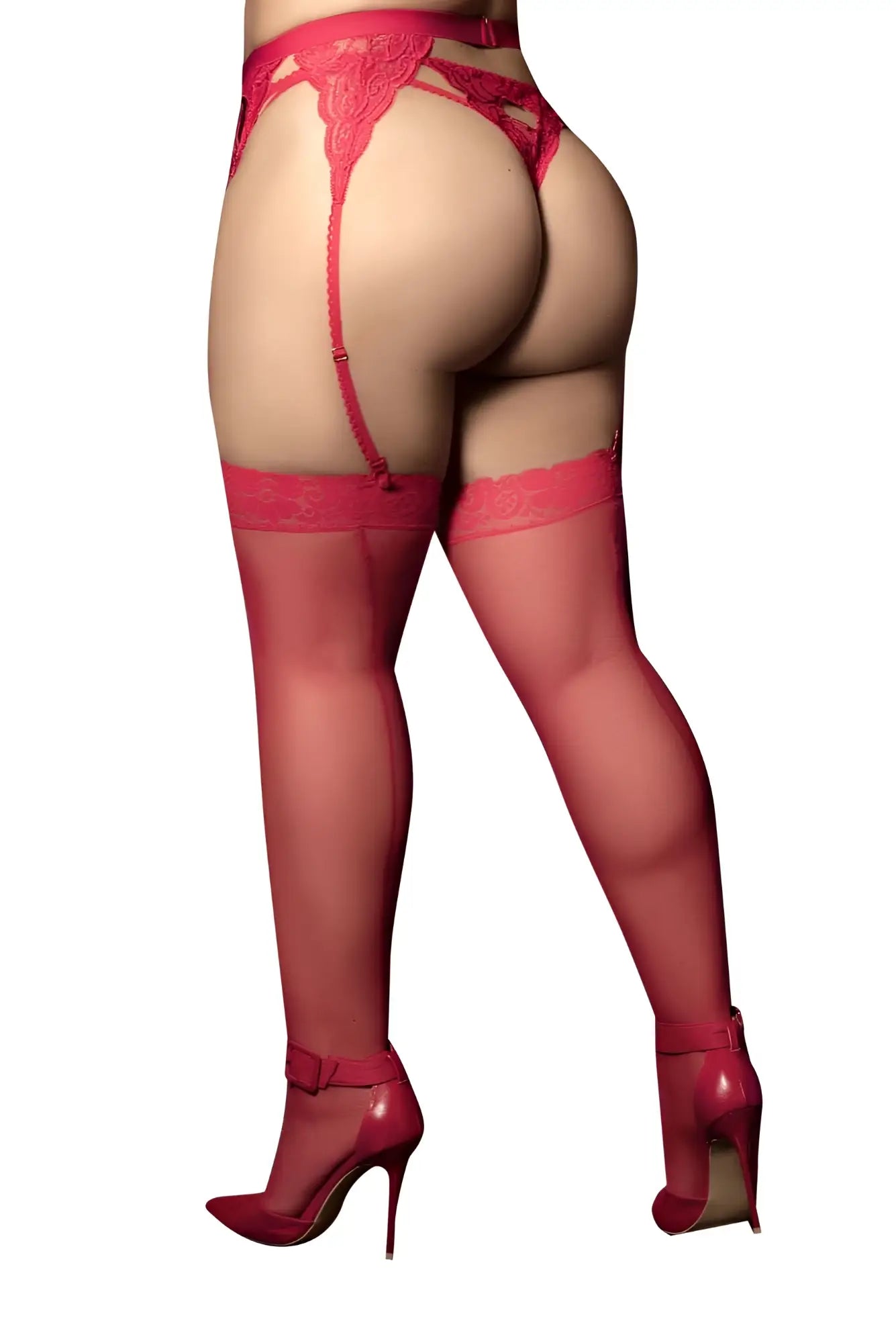 Red lace garter belt with matching sheer mesh thigh highs and high-heeled shoes in red from mapale 1094x