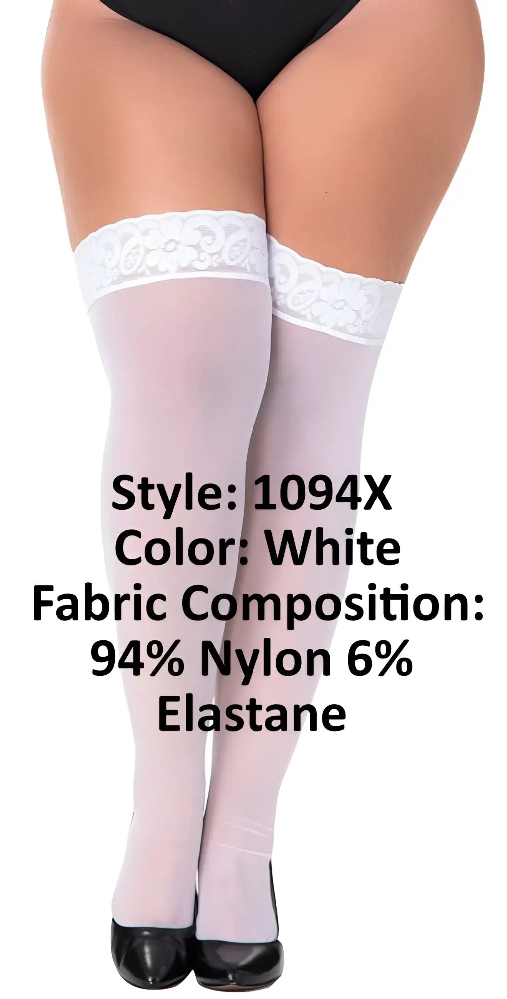 White sheer mesh thigh highs with delicate lace trim at the top by Mapale 1094X in white color