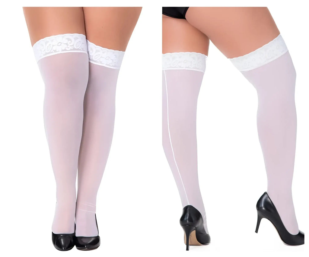 Translucent white mesh thigh highs with delicate lace trim at the top by Mapale model 1094X