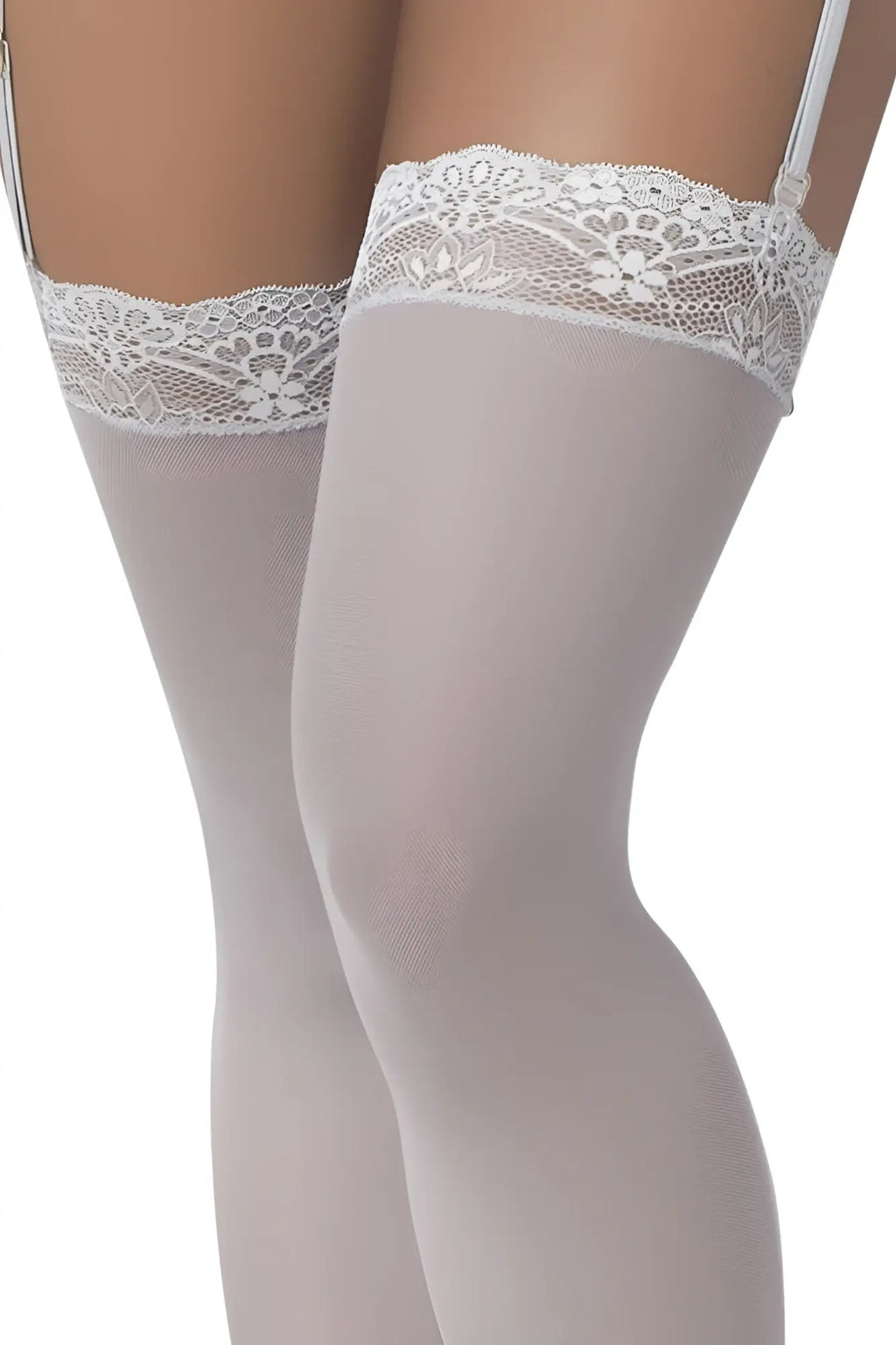 White lace-trimmed mesh thigh high stockings with delicate floral patterns and thin straps in shoreline gray by Mapale