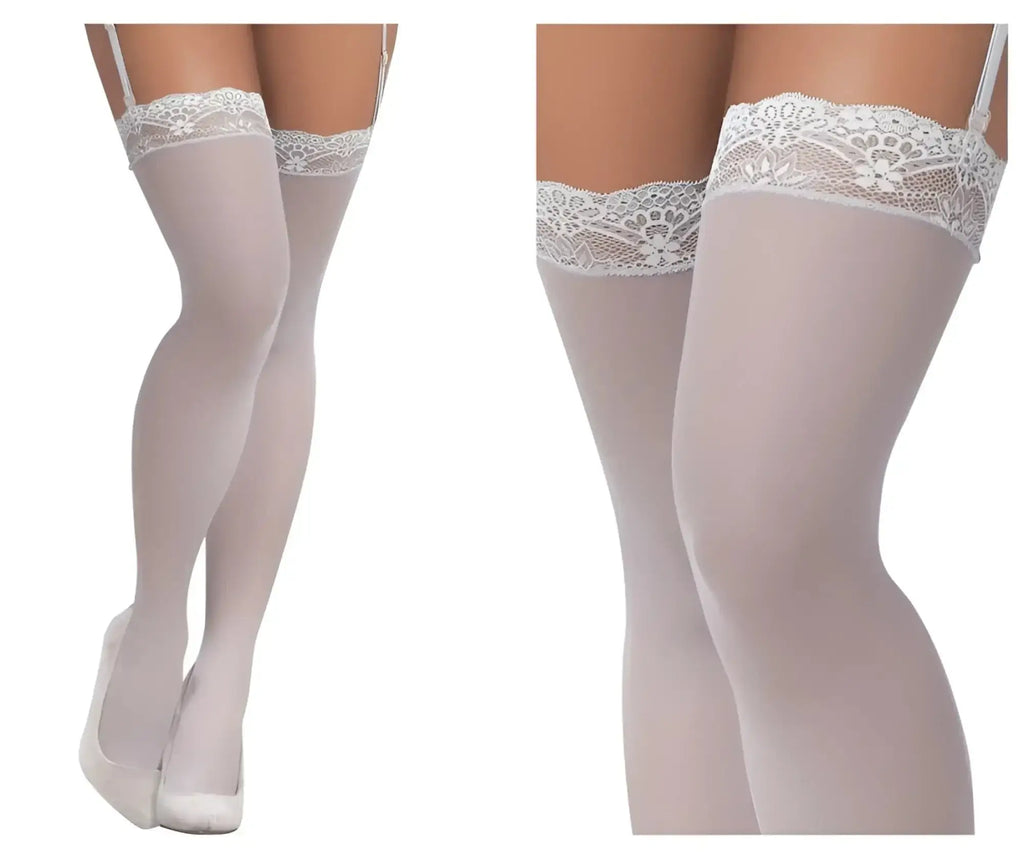 White lace-trimmed mesh thigh high stockings with floral patterns and thin straps in shoreline gray by mapale
