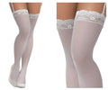 White lace-trimmed mesh thigh high stockings with floral patterns and thin straps in shoreline gray by mapale