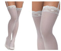 White lace-trimmed mesh thigh high stockings with floral patterns and thin straps in shoreline gray by mapale