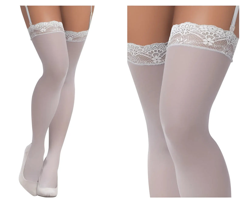 White lace-trimmed mesh thigh high stockings with floral patterns and thin straps in shoreline gray by mapale