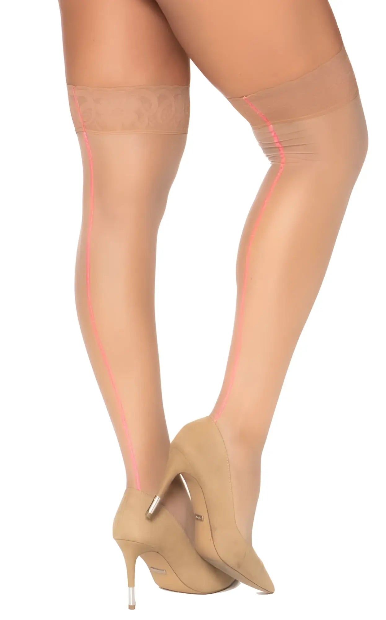Beige sheer mesh thigh-high stockings with delicate lace band and subtle pink stitching mapale 1099 nude color