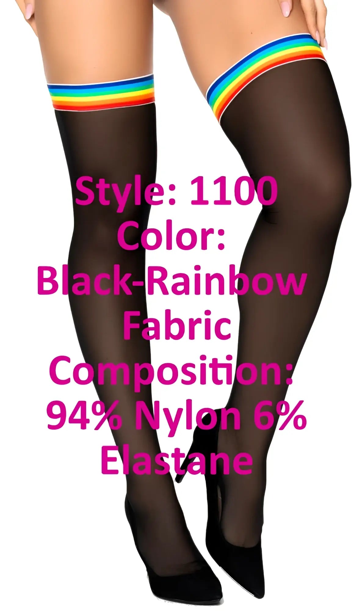 Black mesh thigh high stockings by mapale with vibrant rainbow band at the top